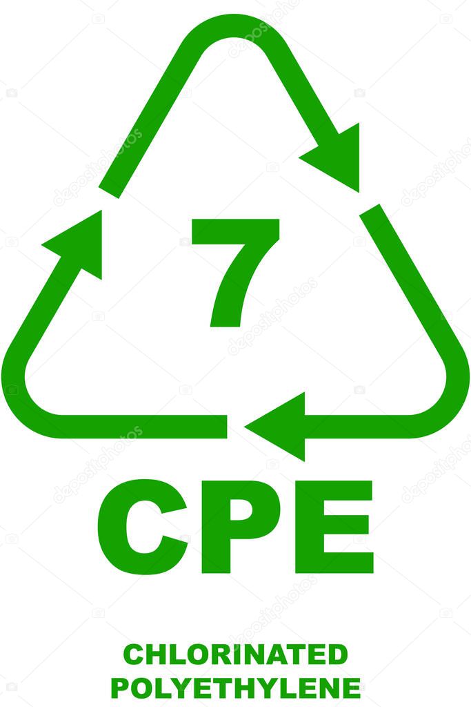 Green recycling code icon for number 7, other, representing chlorinated polyethylene. The arrows in the triangle indicate the item's recyclability.