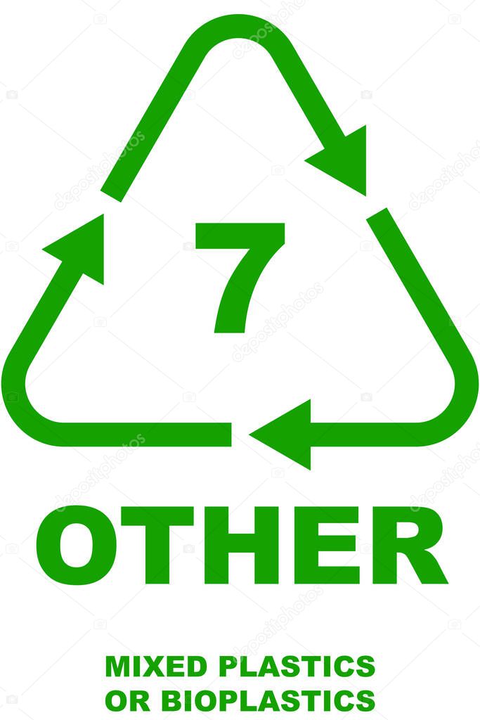 Green recycling code icon, number 7, identifying 'other' plastics, including mixed plastics or bioplastics for appropriate recycling.