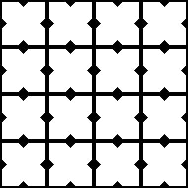 Soyut, geometrik desen. Kare oluşturan siyah çizgiler elmas şekillerde kesişir..