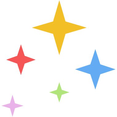 Dört köşeli renkli yıldız şekilleri farklı boyutlarda izole edilmiş arka planda, sarı, kırmızı, mavi, yeşil ve mor.