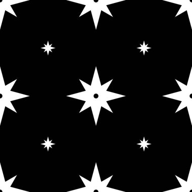 Siyah zemin üzerinde tekrar eden beyaz yıldız deseni. Yıldızların boyutları ve oryantasyonu farklıdır, dinamik ve görsel olarak çekici bir tasarım yaratır..