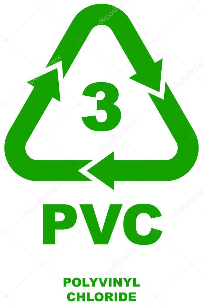 Recycling code green color icon, plastic type number 3 for PVC representing Polyvinyl Chloride, recycling triangle with arrows and number on isolated background.