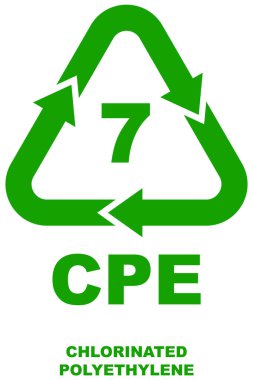 CPE için plastik geri dönüşüm kodu 7, oklu koyu yeşil üçgen geri dönüşüm sembolü ve materyali gösteren CPE harfleri.