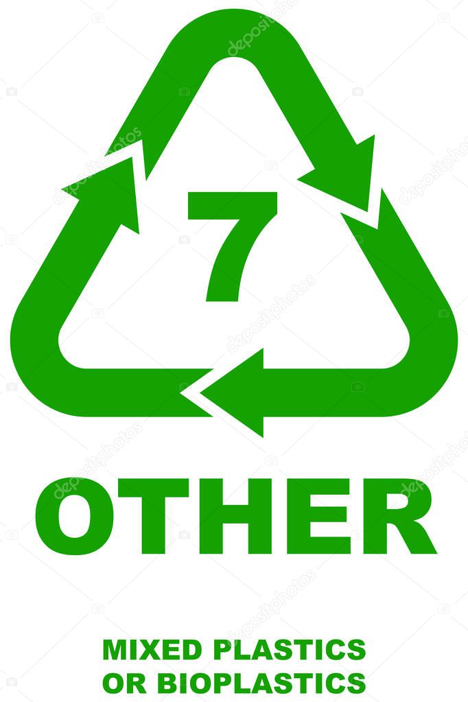 Plastic recycling code number 7, Other mixed plastics are signified by this green recycling symbol with arrows on isolated background.