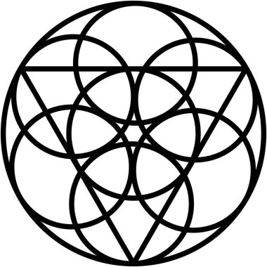 Desen, geometrik dairesel tasarım, birbirine kenetlenmiş daireler ve üçgenler, kalın, siyah çizgiler, izole edilmiş arkaplan ile karmaşık grafik.