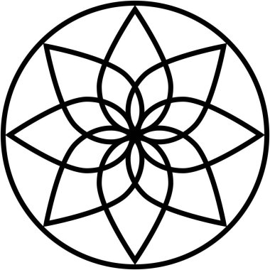 Şekil, biçimlendirilmiş soyut, bir daire içinde simetrik tasarım, çiçeğe benzer bir motif ve izole edilmiş arkaplan ile kesişen siyah çizgiler, modern görünüş.