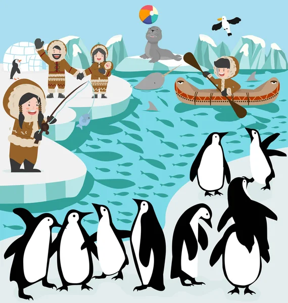 Eskimo Ile Kuzey Kutbu Kış Kutbu — Stok Vektör