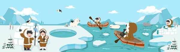 Norte Pólo Ártico Com Esquimó Família Paisagem Fundo — Vetor de Stock