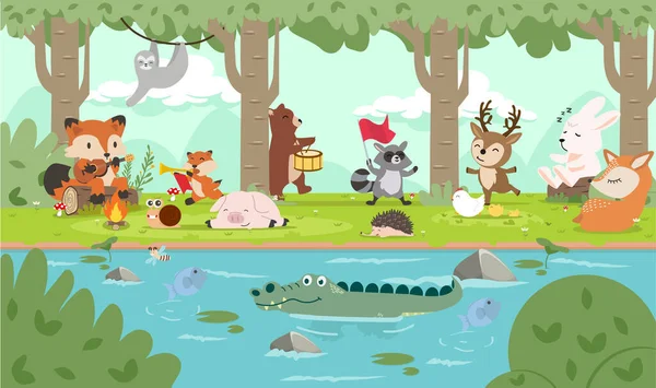 Animales Del Bosque Naturaleza Salvaje Dibujos Animados — Vector de stock