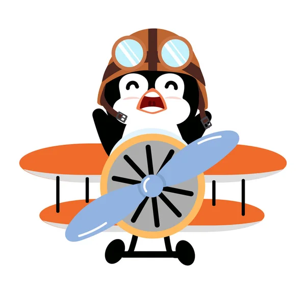 Pilotenpinguin Fliegt Flugzeug Cartoon — Stockvektor