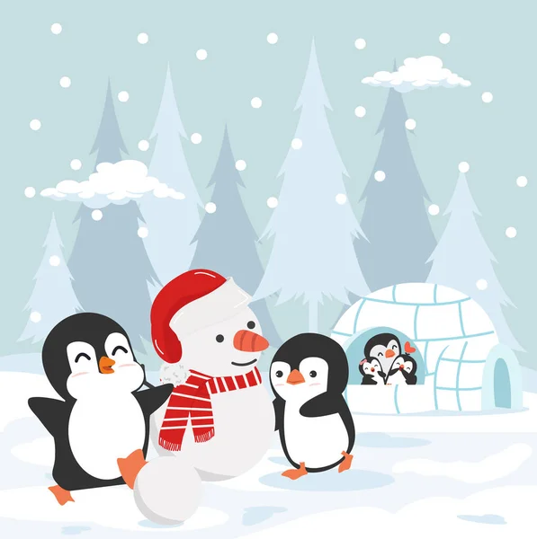 Leuke Pinguïns Winter Spelen Sneeuw — Stockvector