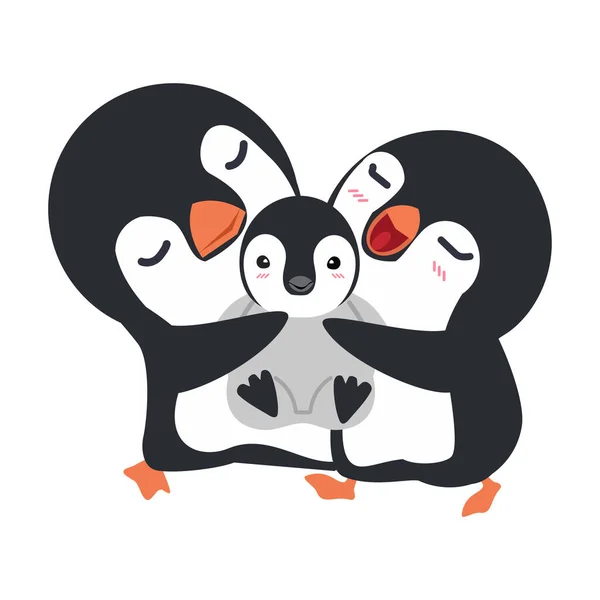 Χαριτωμένοι Πιγκουίνοι Ζευγάρι Αγκαλιά Μωρό — Διανυσματικό Αρχείο