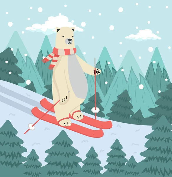 Söt Isbjörnskidåkning Med Träd — Stock vektor