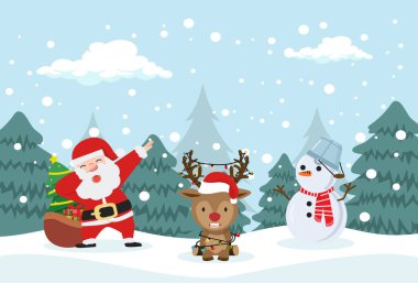 Ağaçlar ve düşen kar posterleriyle mutlu noeller.