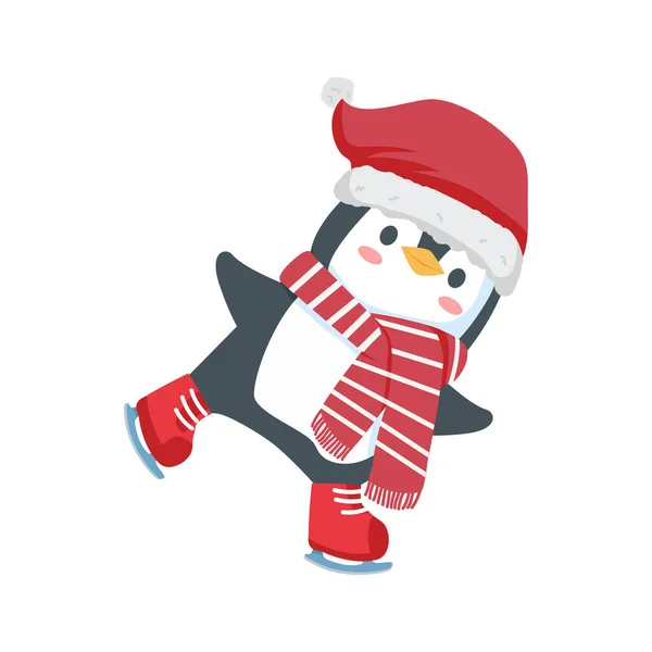 Pinguin Mit Schal Eislaufen Karikatur — Stockvektor