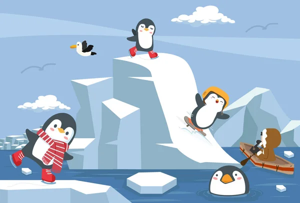 Desenho Animado Pinguins Inverno Pólo Norte Ártico — Vetor de Stock