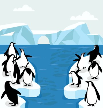 North pole Arctic penguins group