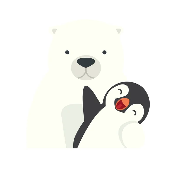 Polar Bear Hug Penguin Cartoon — Stock Vector