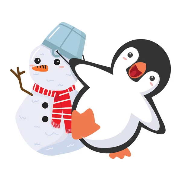 Lindo Pingüino Con Muñeco Nieve Dibujos Animados Plana — Archivo Imágenes Vectoriales