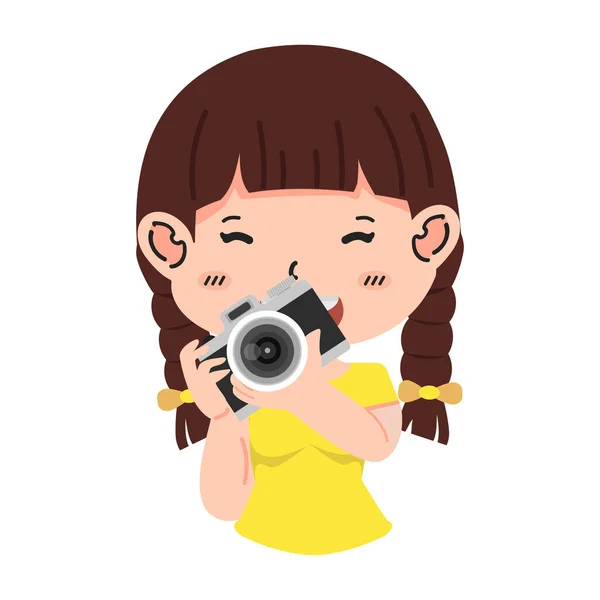 Little Girl Holding Camera Cartoon Flat — Stock Vector