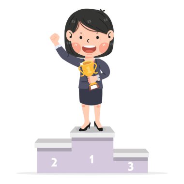 Kazanan podyumda birlikte duran bayan girişimci.