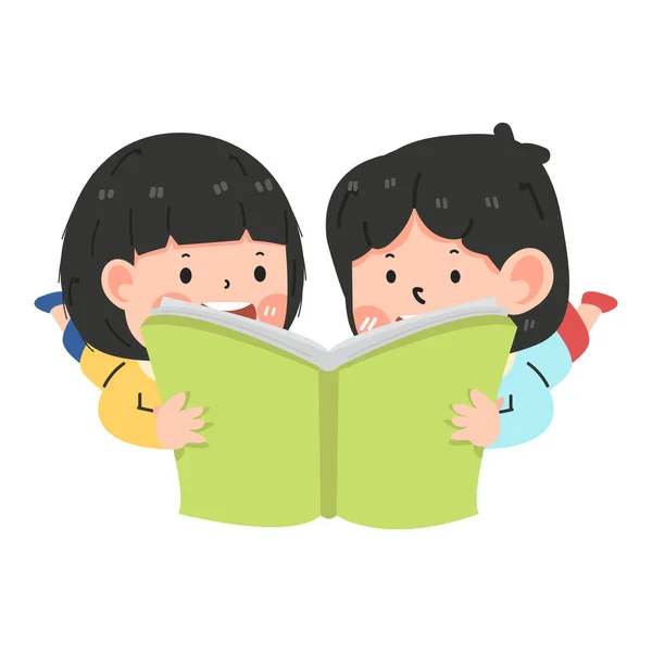 Dos Chica Leyendo Libro Dibujos Animados — Vector de stock