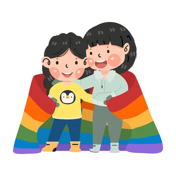 Pasangan Lesbian Dengan Bendera Lgbt - Stok Vektor