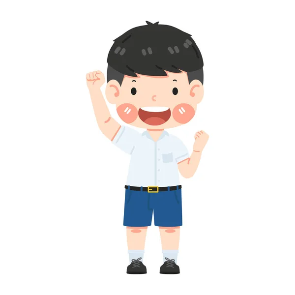 Cute Boy Student Excited Hold Fist Hand Gesture — Stock Vector