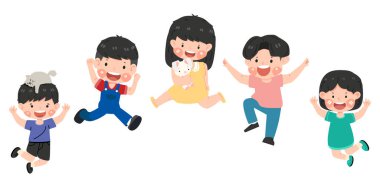 Küçük çocuklar birlikte eğleniyor Havada yükseğe zıplıyorlar