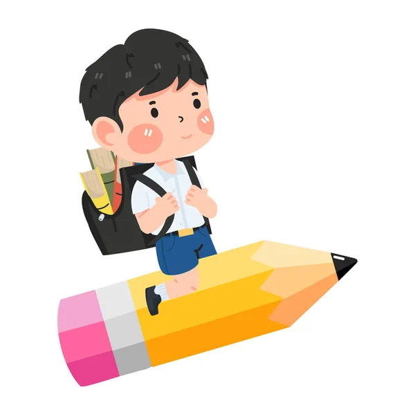 Kid Chłopiec Student Latający Ołówkiem — Wektor stockowy