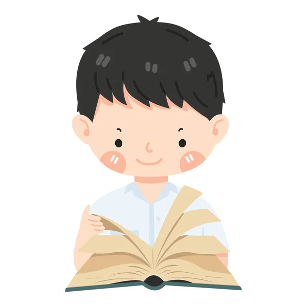 Cute Kid Boy Students Reading Book — Stock Vector