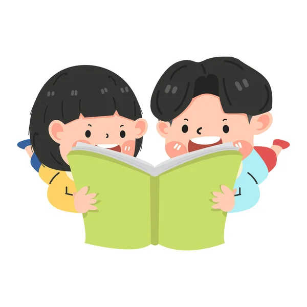 Junge Und Mädchen Lesen Ein Buch Karikatur — Stockvektor
