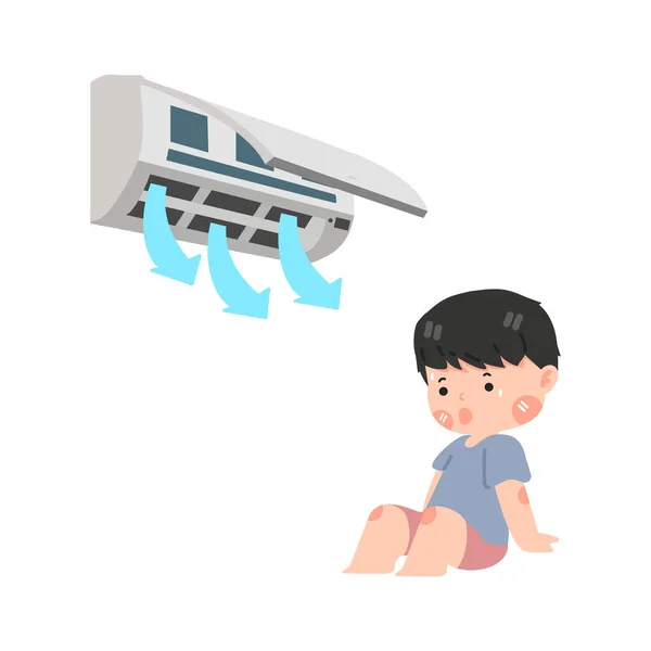 Tired Little Boy Hot Weather Air Conditioner — Stock Vector