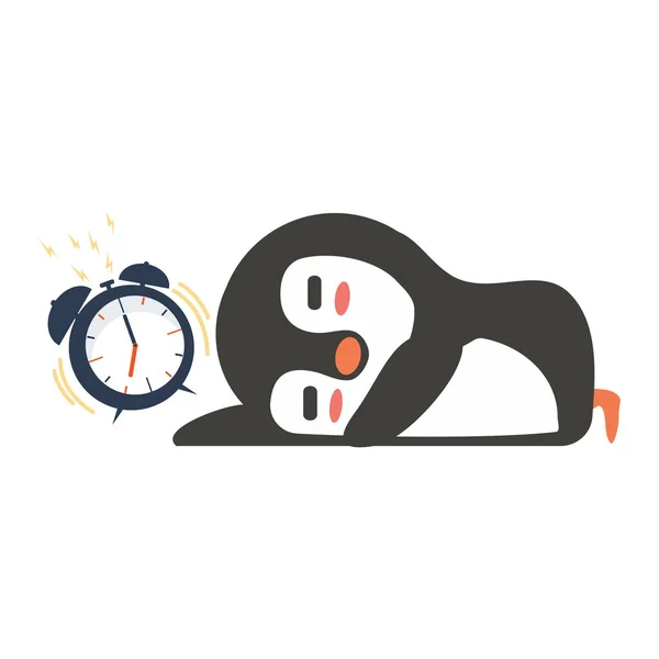 Pinguin Kecil Tidur Dengan Jam Alarm - Stok Vektor