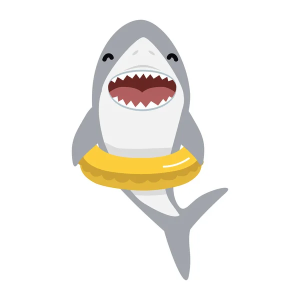 Roztomilý Žralok Žlutým Nafukovacím Gumovým Kroužkem — Stockový vektor