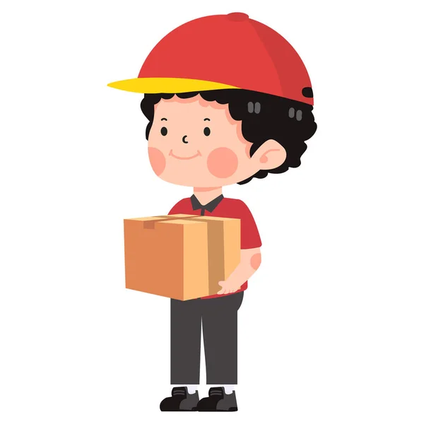 Happy Delivery Man Holding Cardboard Box — Stock Vector