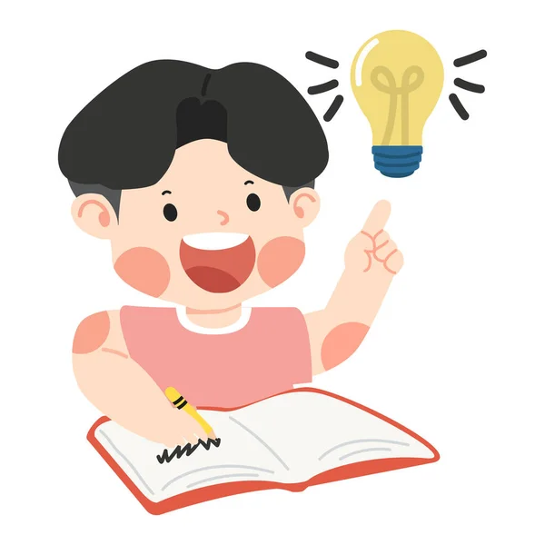 Niño Escribiendo Libro Con Lámpara Idea — Vector de stock