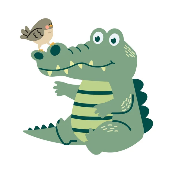 Crocodil Drăguț Sau Aligator Păsări — Vector de stoc