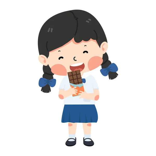 Chica Feliz Estudiante Comiendo Chocolate Dulce — Vector de stock