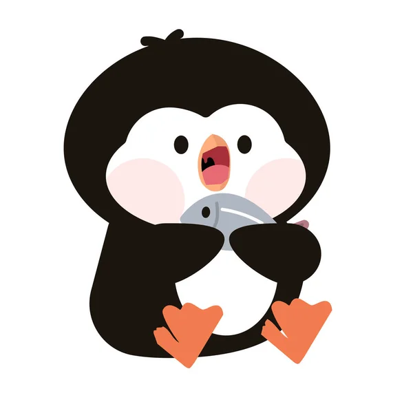 Roztomilý Tučňák Jíst Ryby Karikatura — Stockový vektor