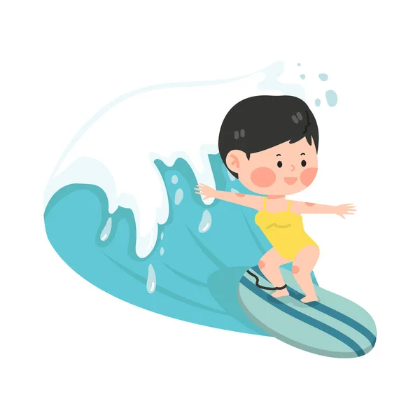 Niedliches Mädchen Reitet Surfbrett Mit Großer Welle — Stockvektor