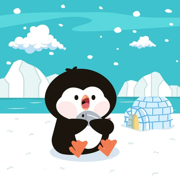 Carino Pinguino Mangiare Pesce Con Polo Nord Artico — Vettoriale Stock