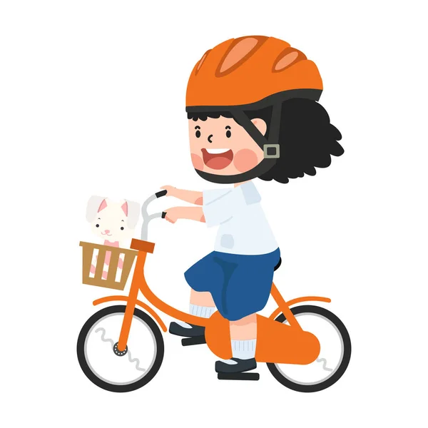 Cute Girl Student Riding Bicycle Going School — Stock Vector