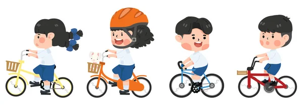 Børn Studerende Ridning Cykel Går Skole Sæt – Stock-vektor