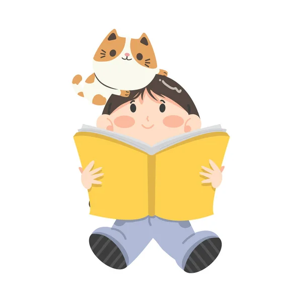Girl Sitting Read Book Cat — Stock Vector