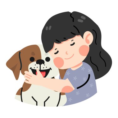 Çocuk kız köpeğe sarılıyor.