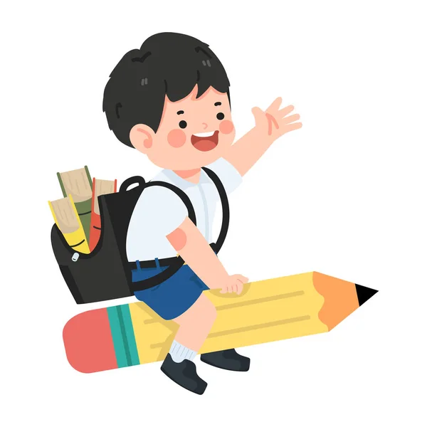 Kid Boy Student Flying Pencil — Stock Vector
