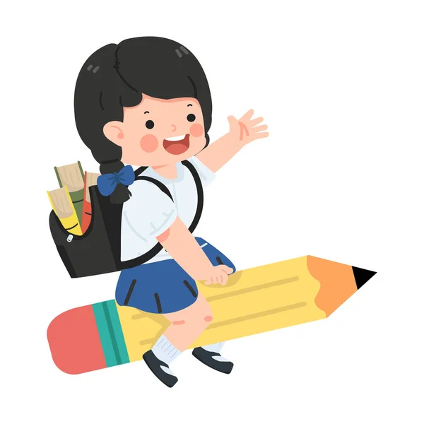 Kid Girl Student Flying Pencil — Stock Vector