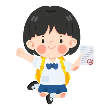 Kız öğrenci atlayıp mutlu oluyor çünkü sınavdan iyi not alıyor.