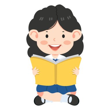 Oturan kız öğrenci kitap okuyor. 